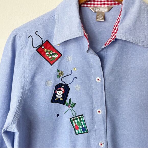 White Stag Embroidery Holidays Christmas Cotton Button Up Shirt Women's M - Picture 8 of 10